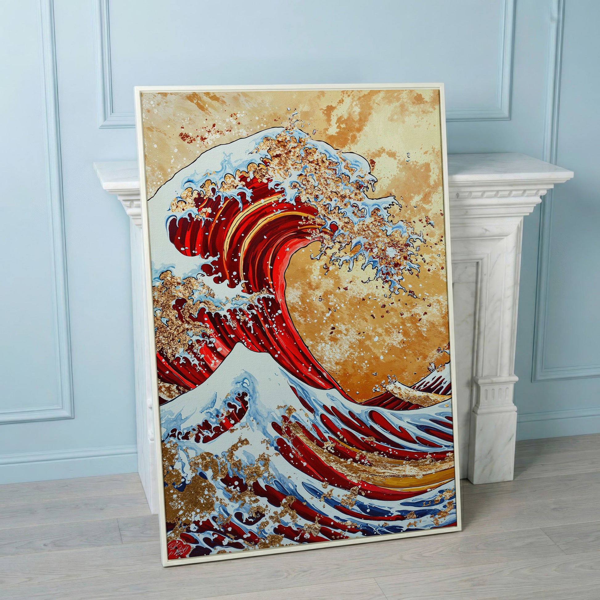 Modern Great Wave Canvas Art in Red and Gold in white floating frame