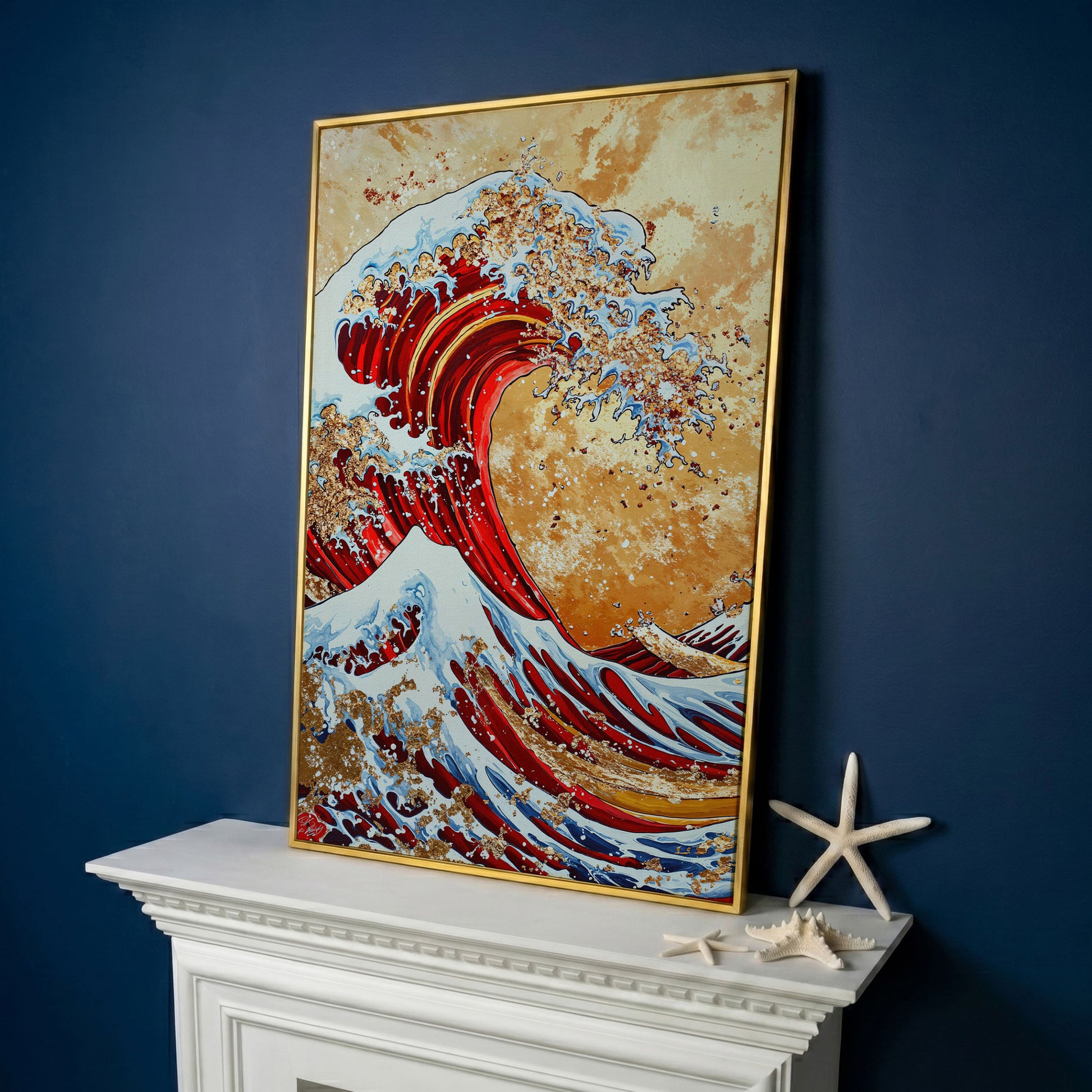 Modern Great Wave Canvas Art in Red and Gold in yellow gold floating frame