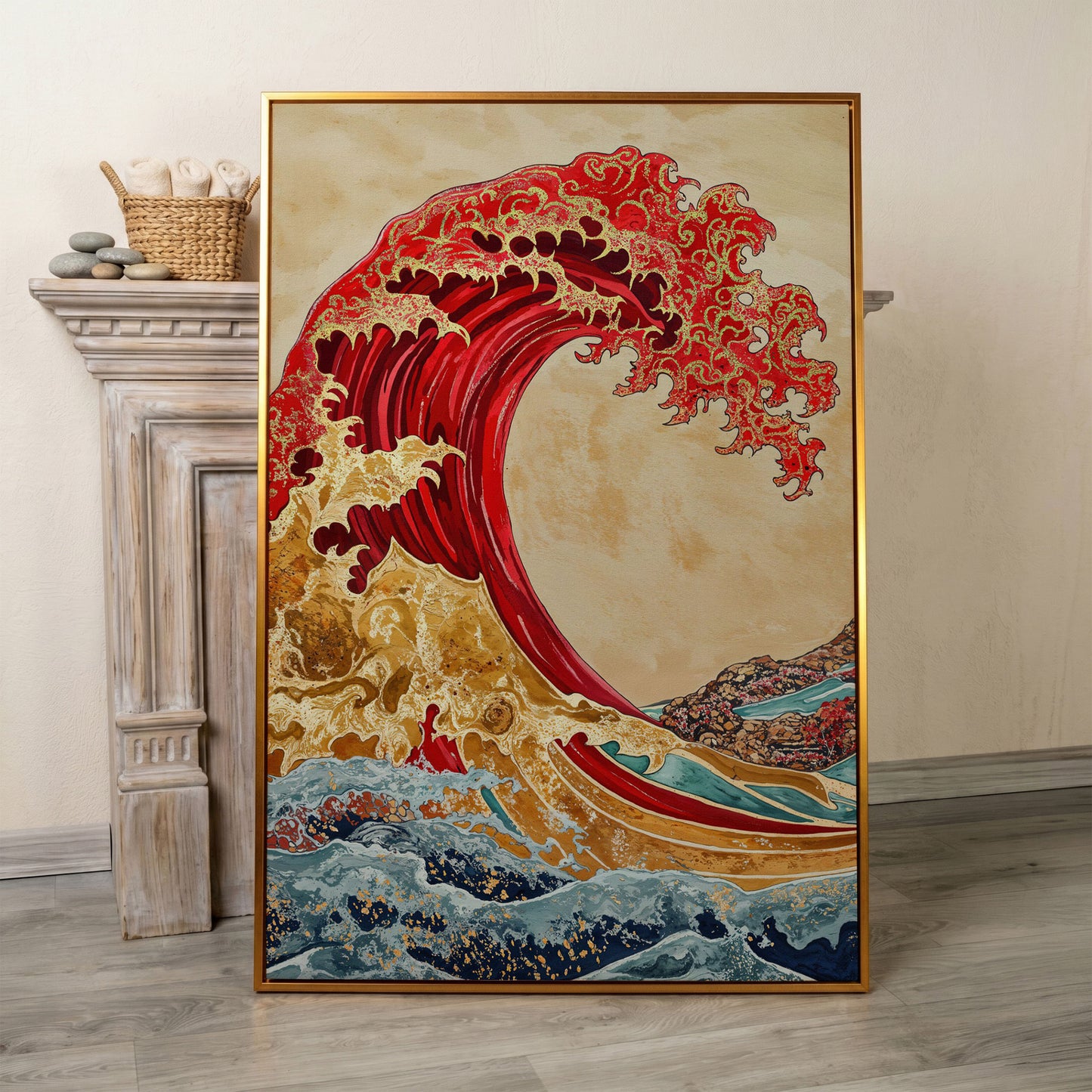 Great Wave Canvas Art, Ukiyo-e Inspired Ocean Wall Print in antique gold floating frame