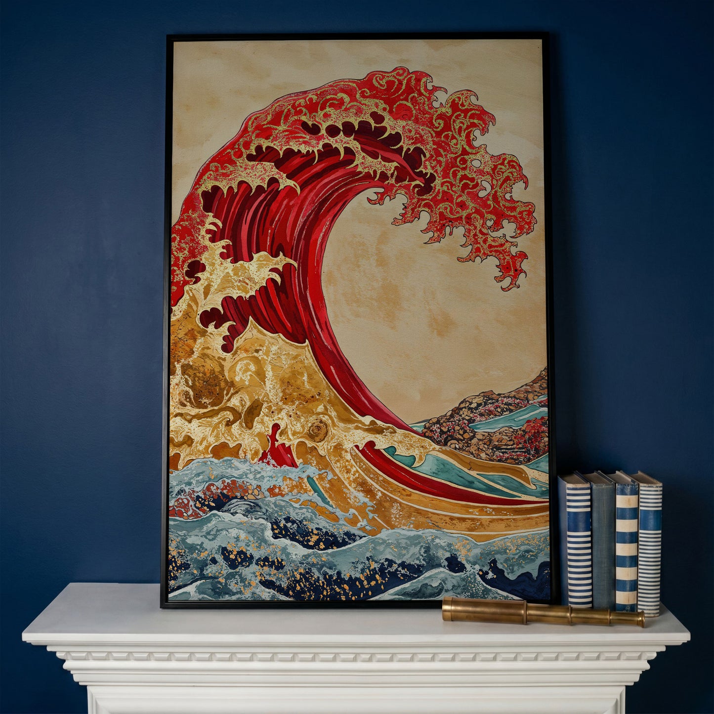 Great Wave Canvas Art, Ukiyo-e Inspired Ocean Wall Print in black floating frame