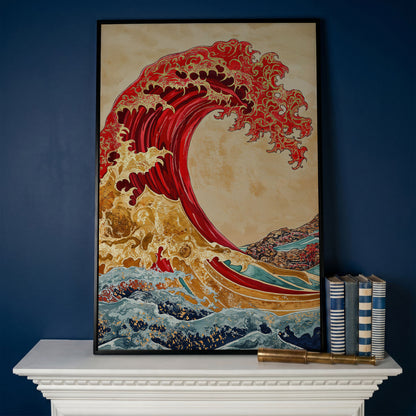 Great Wave Canvas Art, Ukiyo-e Inspired Ocean Wall Print in black floating frame