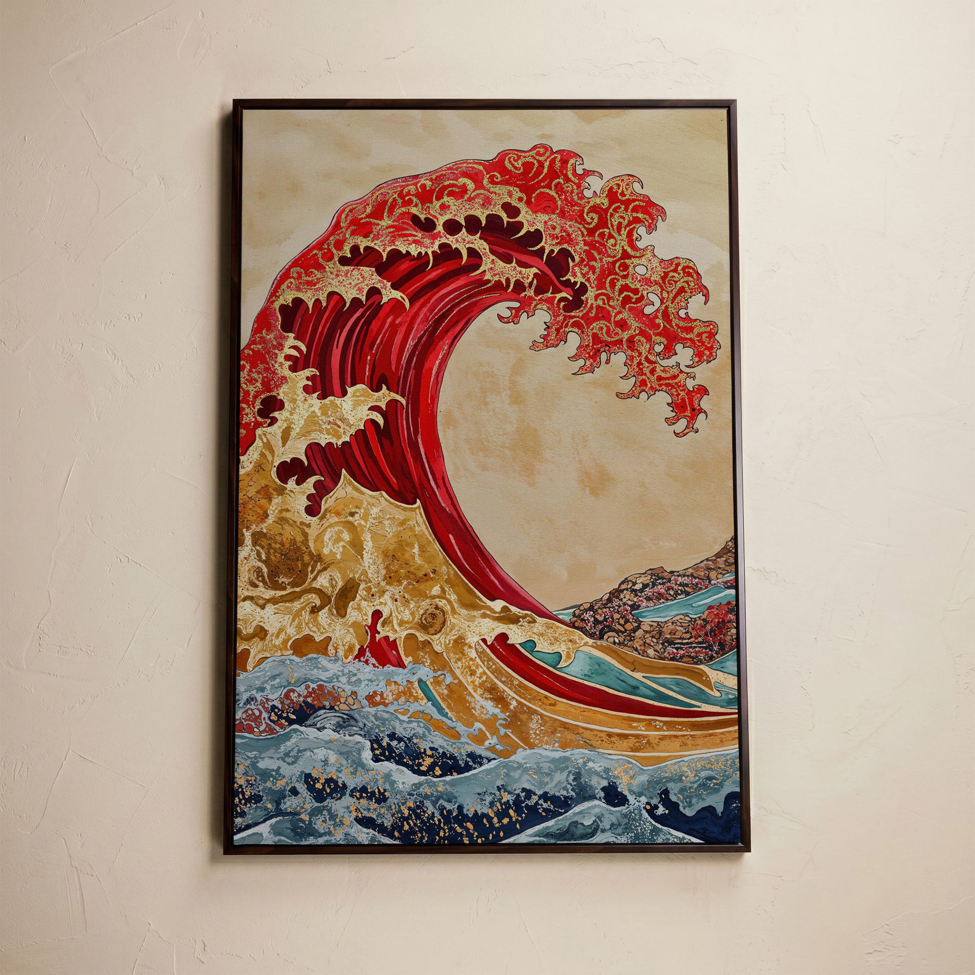 Great Wave Canvas Art, Ukiyo-e Inspired Ocean Wall Print in dark walnut floating frame