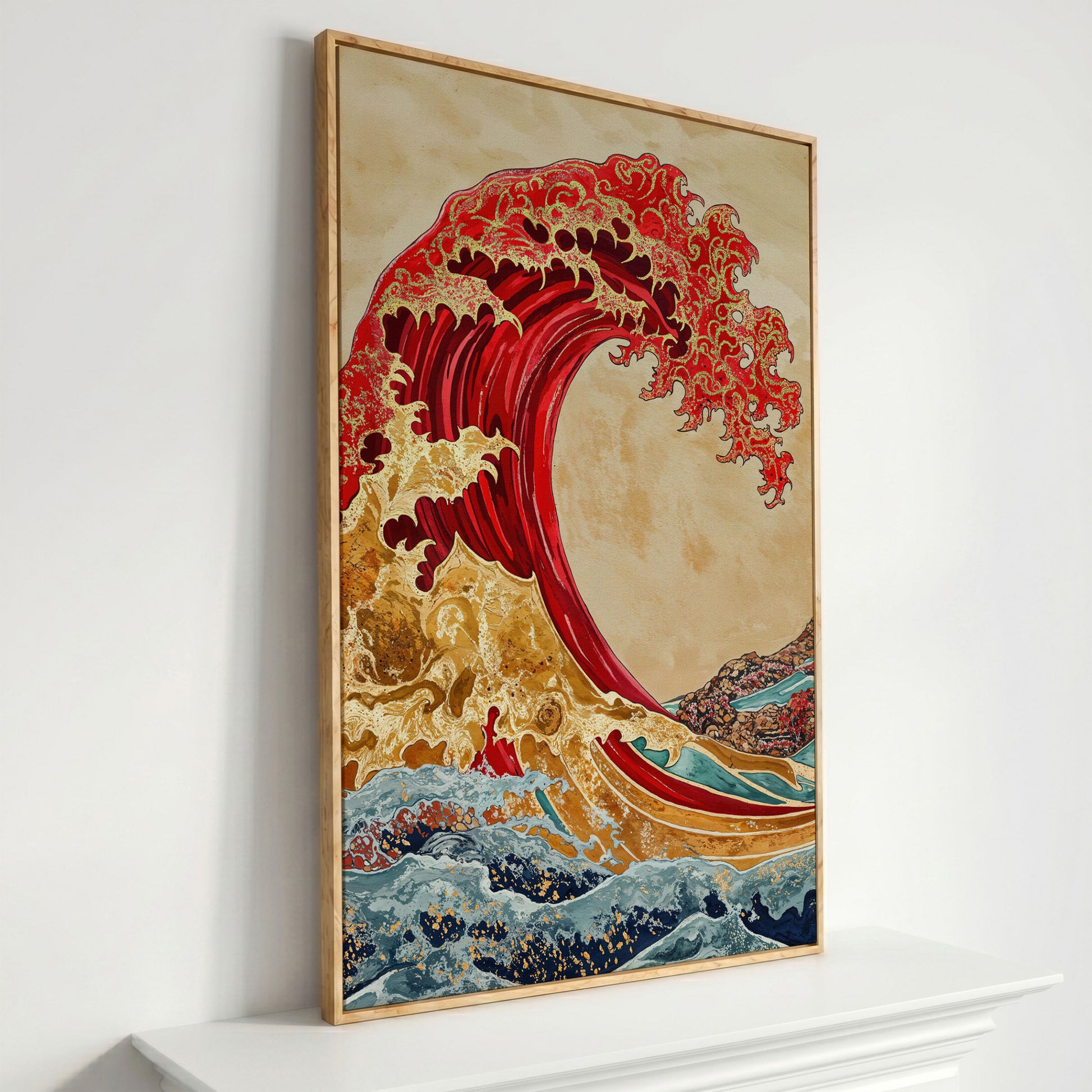 Great Wave Canvas Art, Ukiyo-e Inspired Ocean Wall Print in white oak floating frame