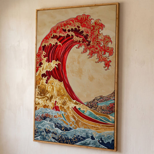 Great Wave Canvas Art, Ukiyo-e Inspired Ocean Wall Print shown in white oak floating frame