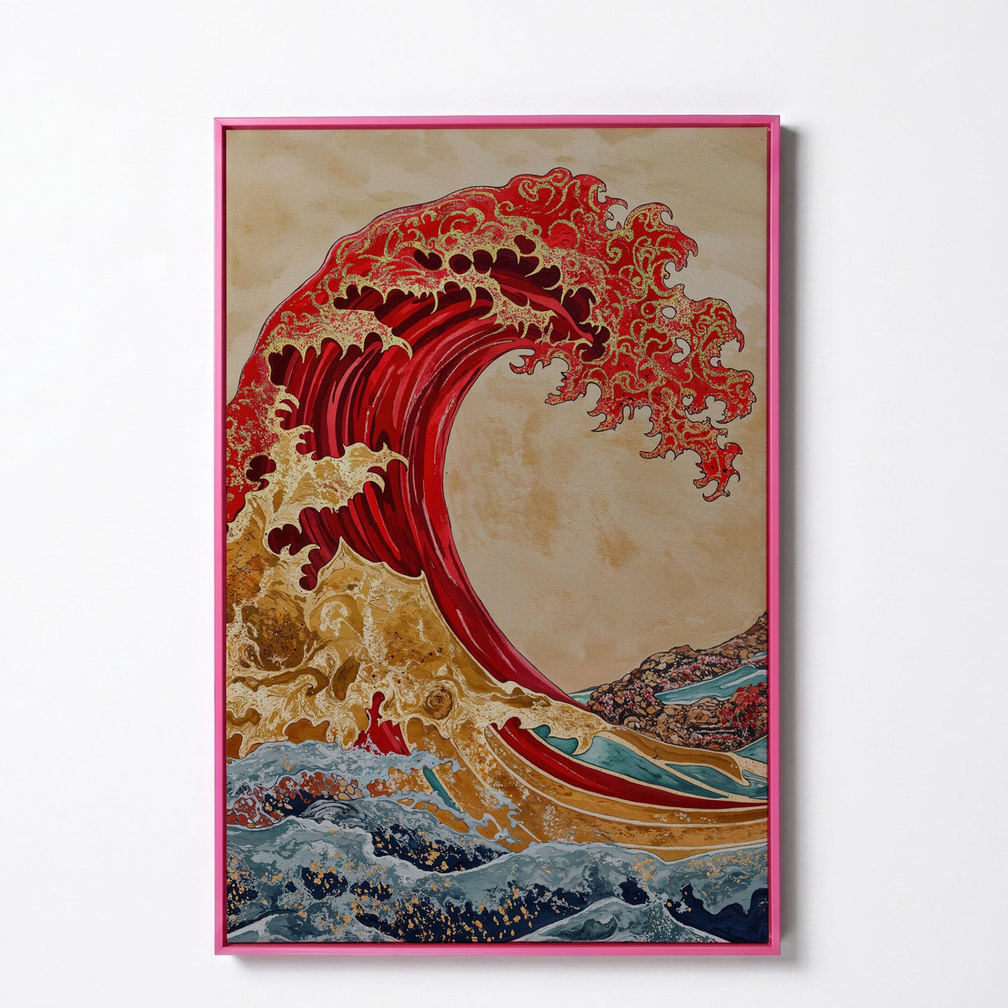 Great Wave Canvas Art, Ukiyo-e Inspired Ocean Wall Print in pink floating frame