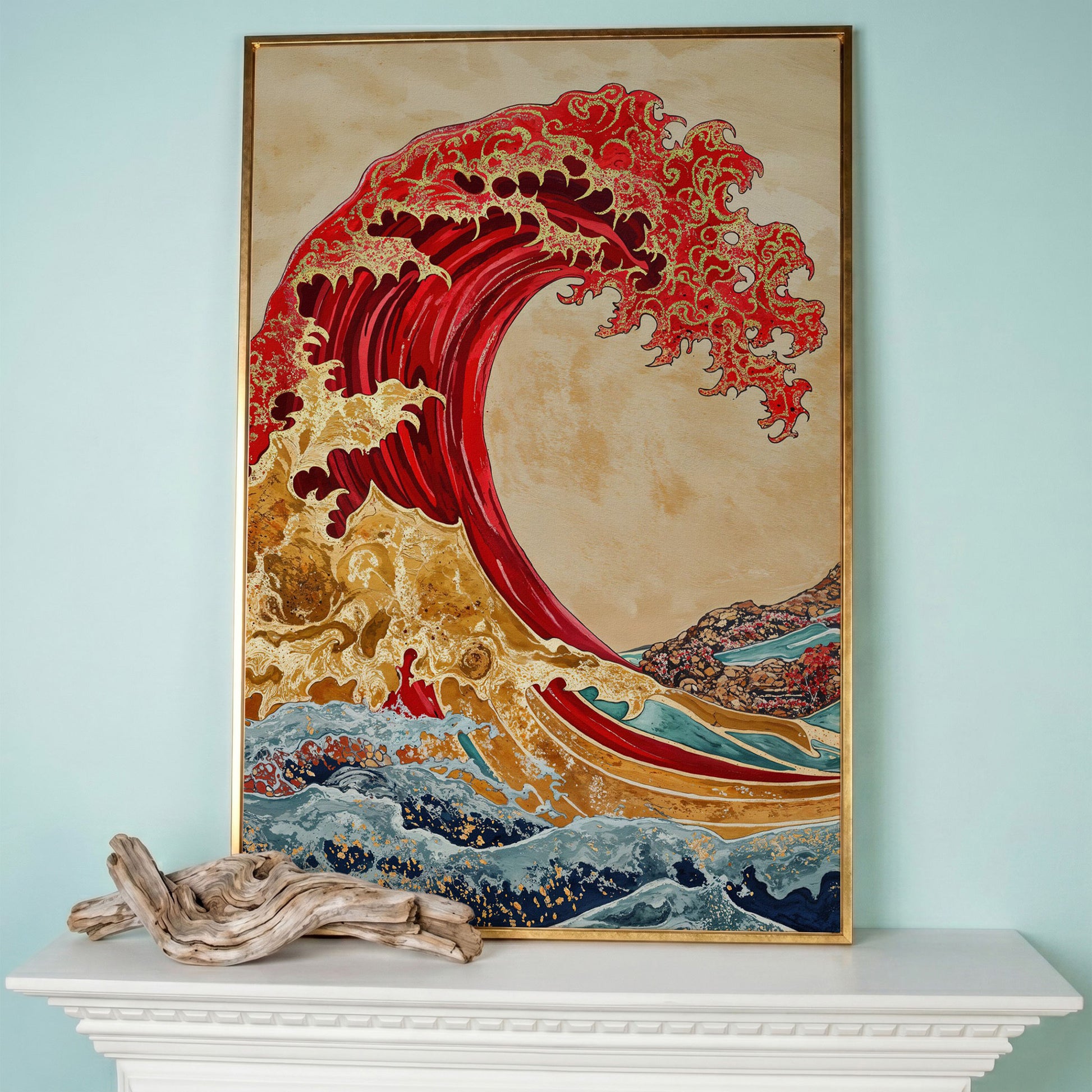 Great Wave Canvas Art, Ukiyo-e Inspired Ocean Wall Print in rose gold floating frame