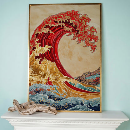Great Wave Canvas Art, Ukiyo-e Inspired Ocean Wall Print in rose gold floating frame