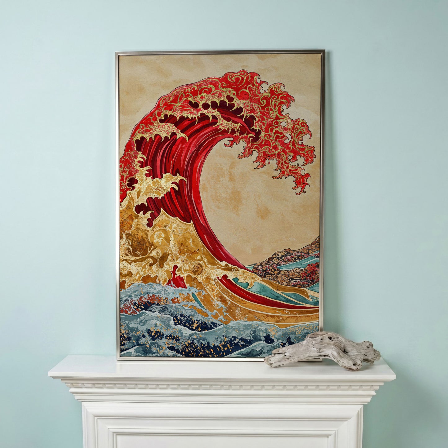 Great Wave Canvas Art, Ukiyo-e Inspired Ocean Wall Print in silver floating frame