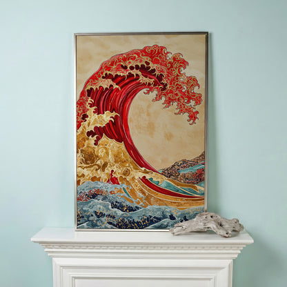 Great Wave Canvas Art, Ukiyo-e Inspired Ocean Wall Print in silver floating frame