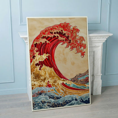 Great Wave Canvas Art, Ukiyo-e Inspired Ocean Wall Print in white floating frame