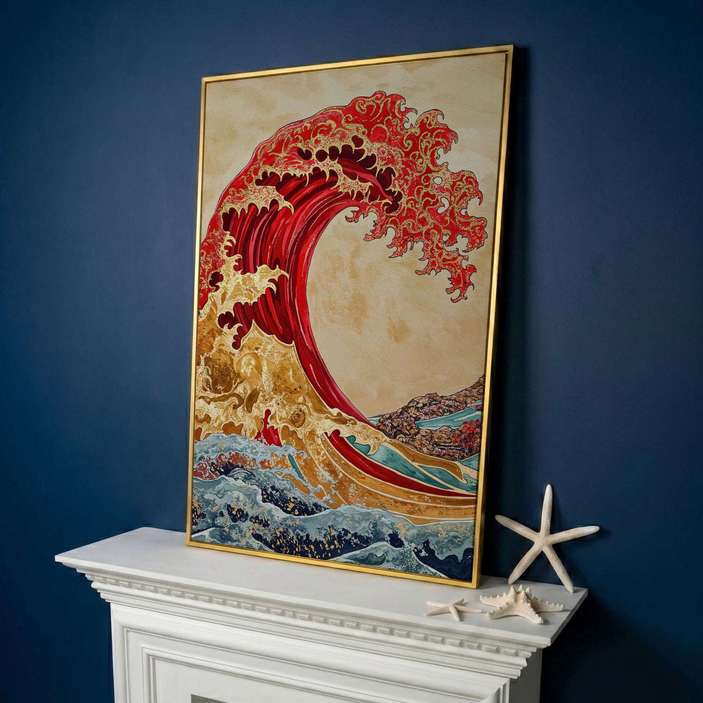 Great Wave Canvas Art, Ukiyo-e Inspired Ocean Wall Print in yellow gold floating frame