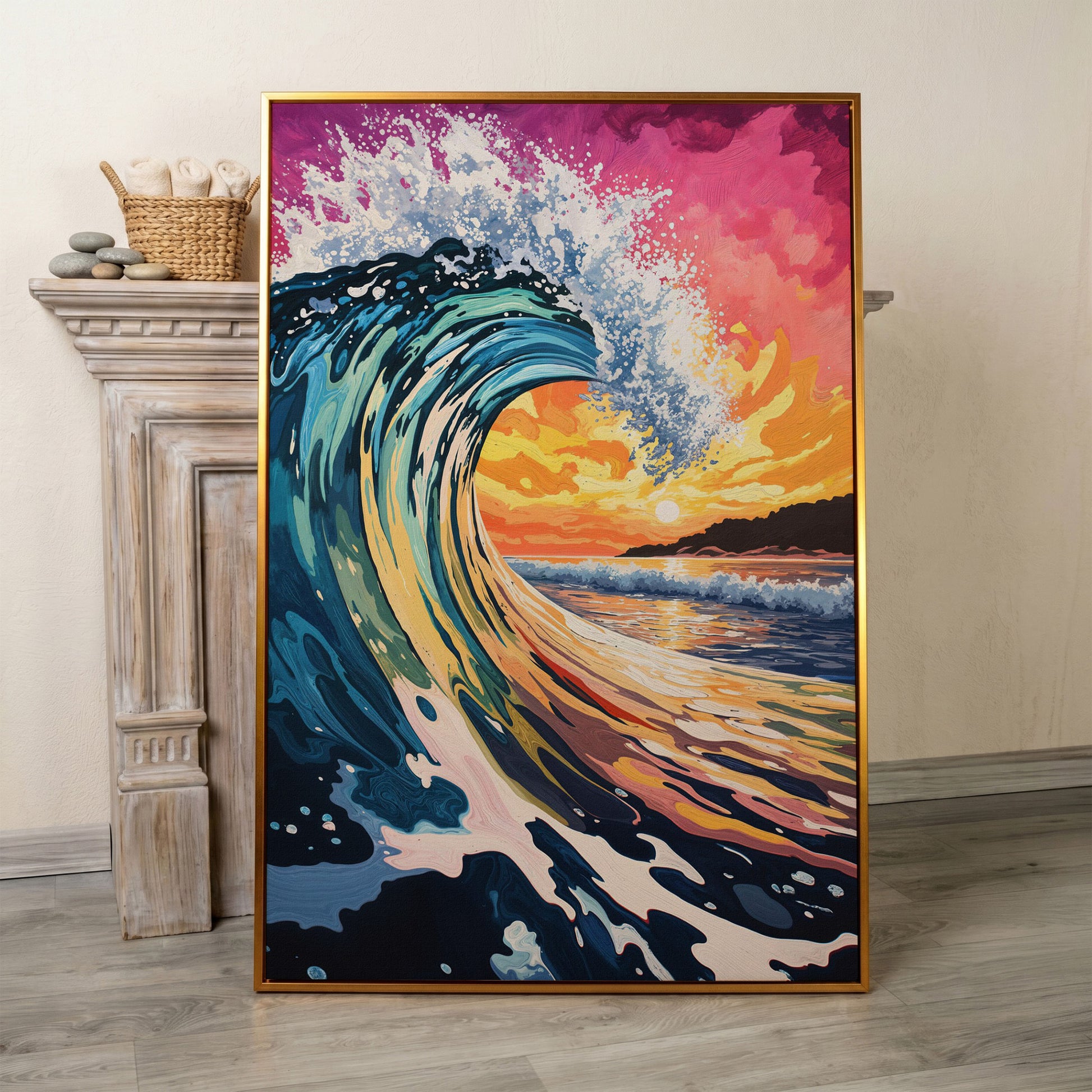 Ocean Wave at Sunset Canvas Art, Seascape Wall Print in antique gold floating frame