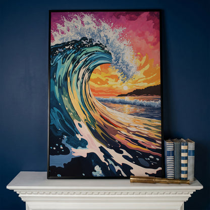 Ocean Wave at Sunset Canvas Art, Seascape Wall Print in black floating frame