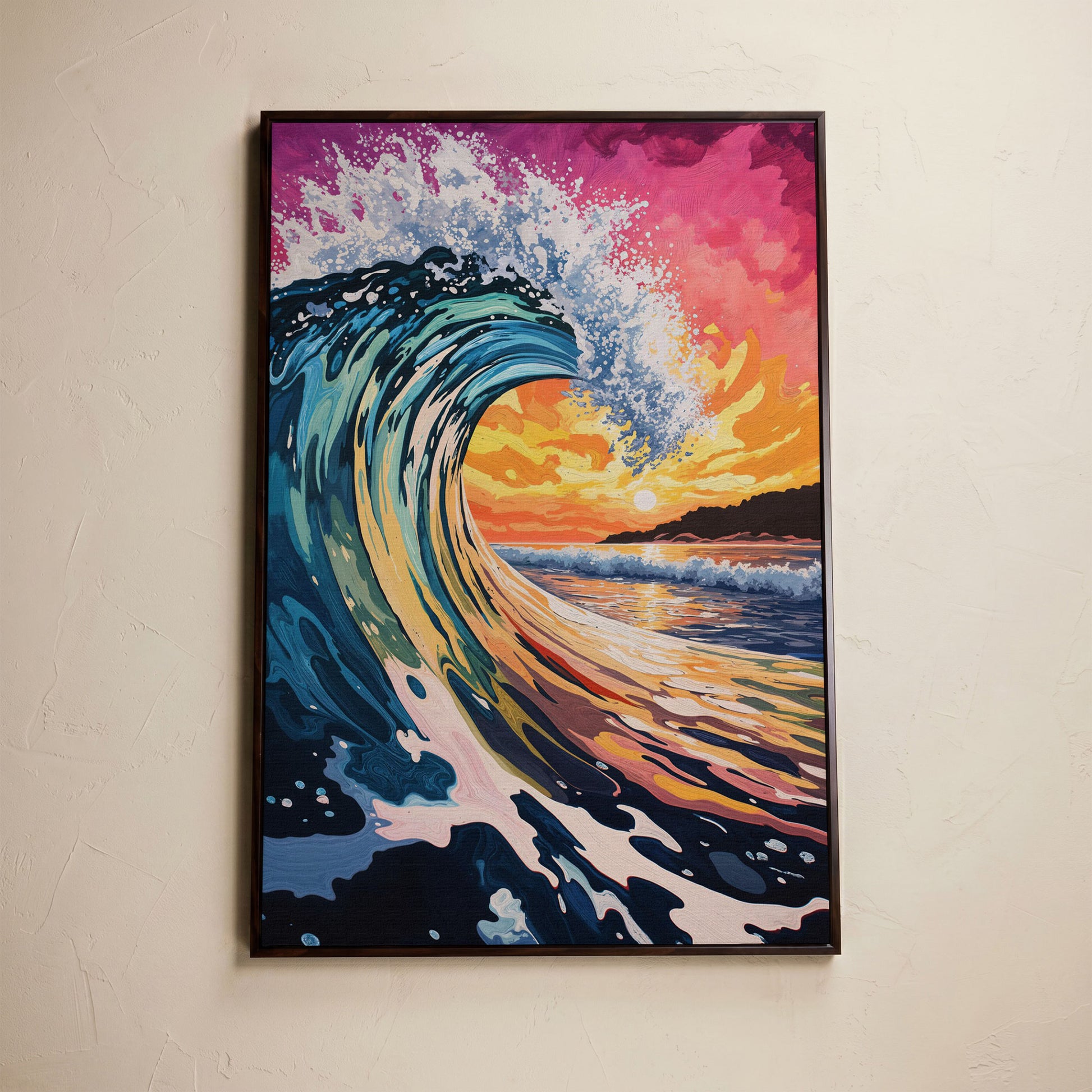 Ocean Wave at Sunset Canvas Art, Seascape Wall Print in dark walnut floating frame