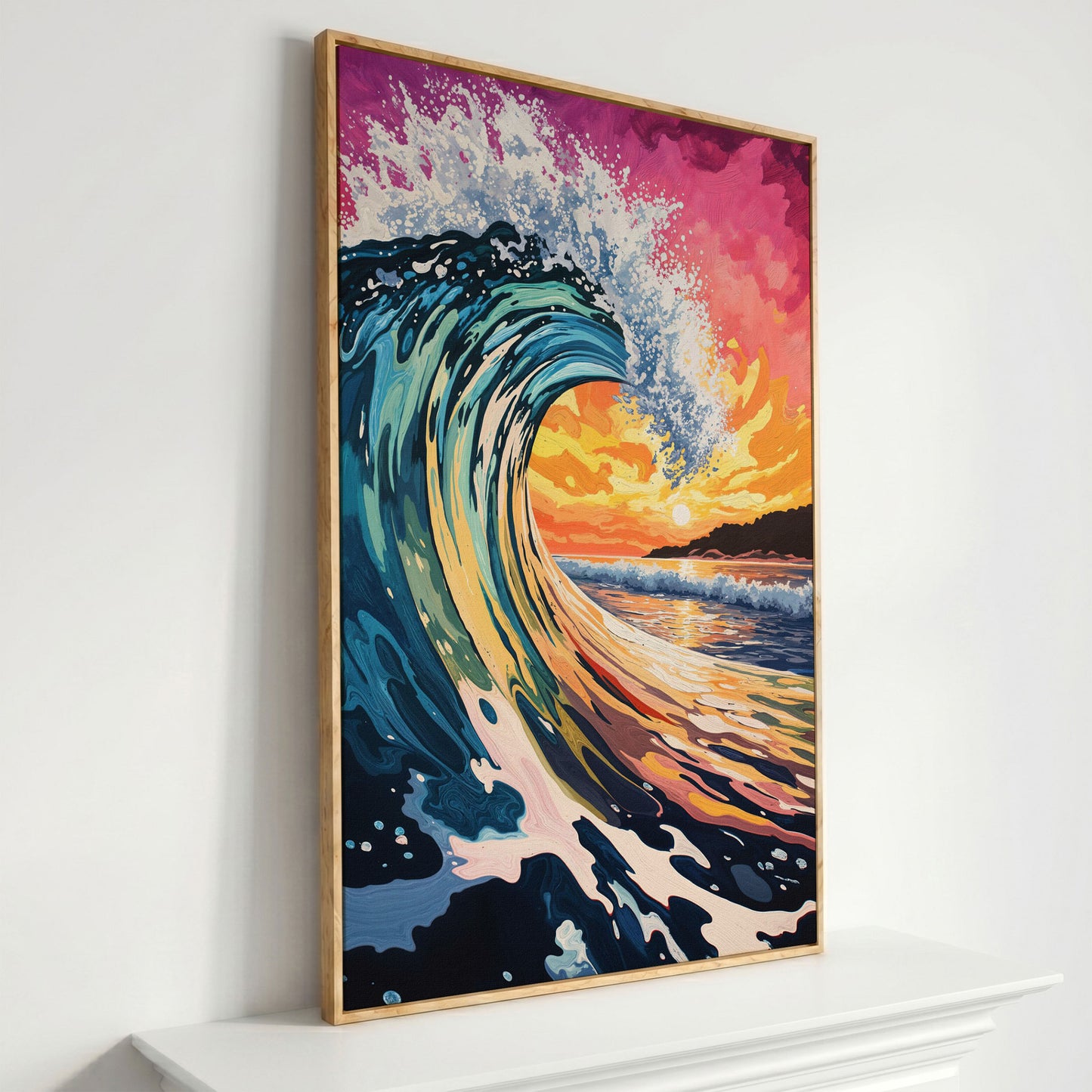 Ocean Wave at Sunset Canvas Art, Seascape Wall Print in white oak floating frame