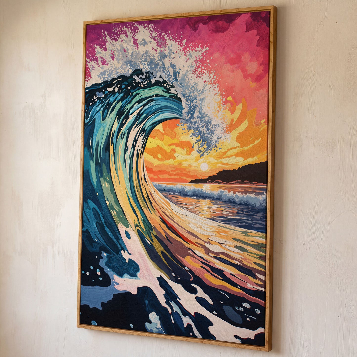 Ocean Wave at Sunset Canvas Art, Seascape Wall Print shown in white oak floating frame