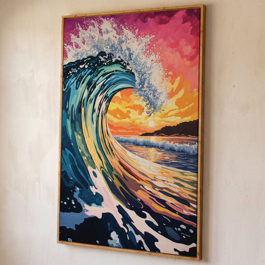Ocean Wave at Sunset Canvas Art, Seascape Wall Print shown in white oak floating frame