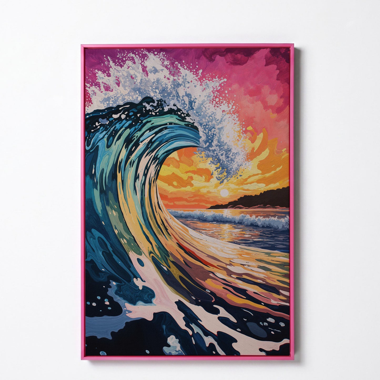 Ocean Wave at Sunset Canvas Art, Seascape Wall Print in pink floating frame