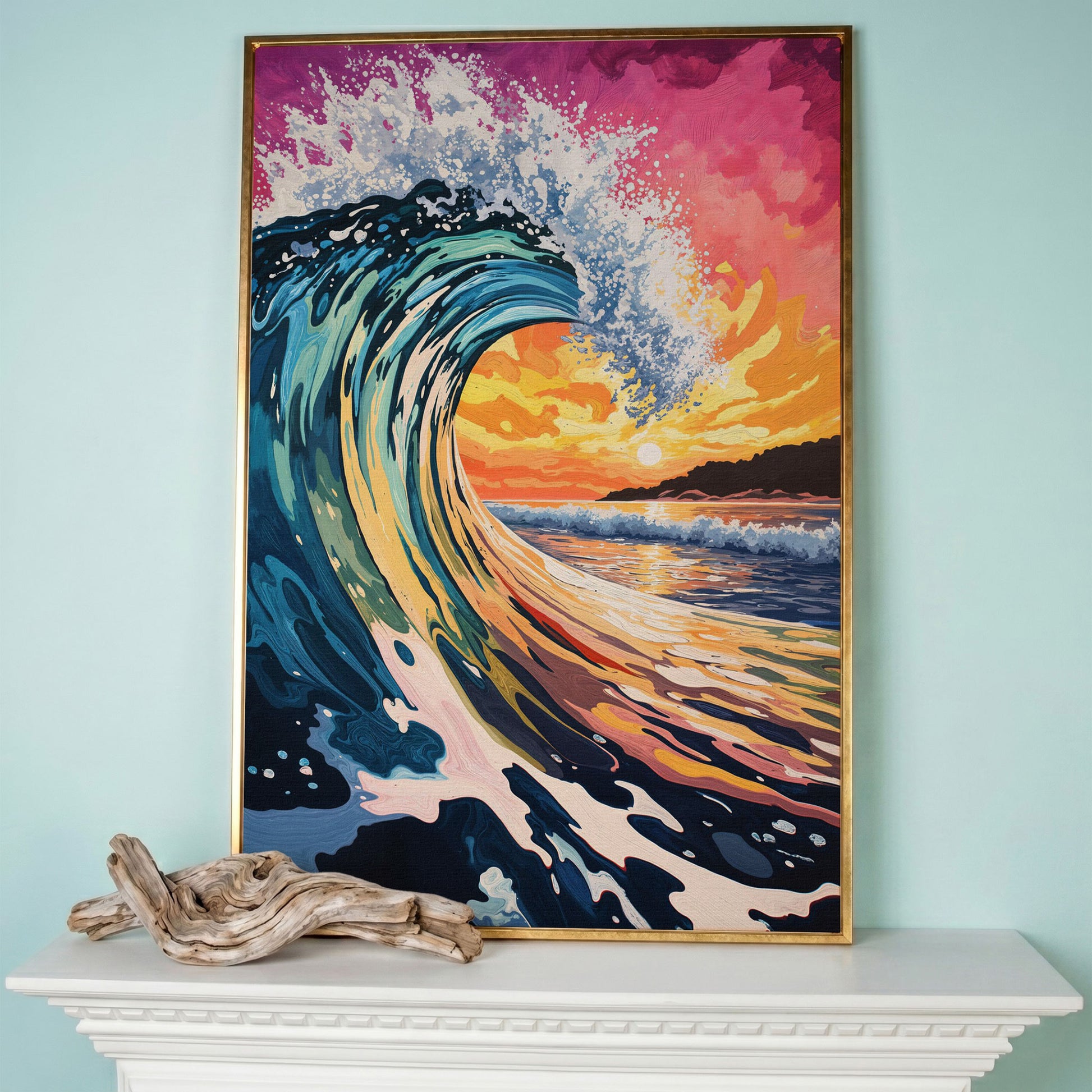 Ocean Wave at Sunset Canvas Art, Seascape Wall Print in rose gold floating frame