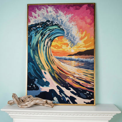 Ocean Wave at Sunset Canvas Art, Seascape Wall Print in rose gold floating frame