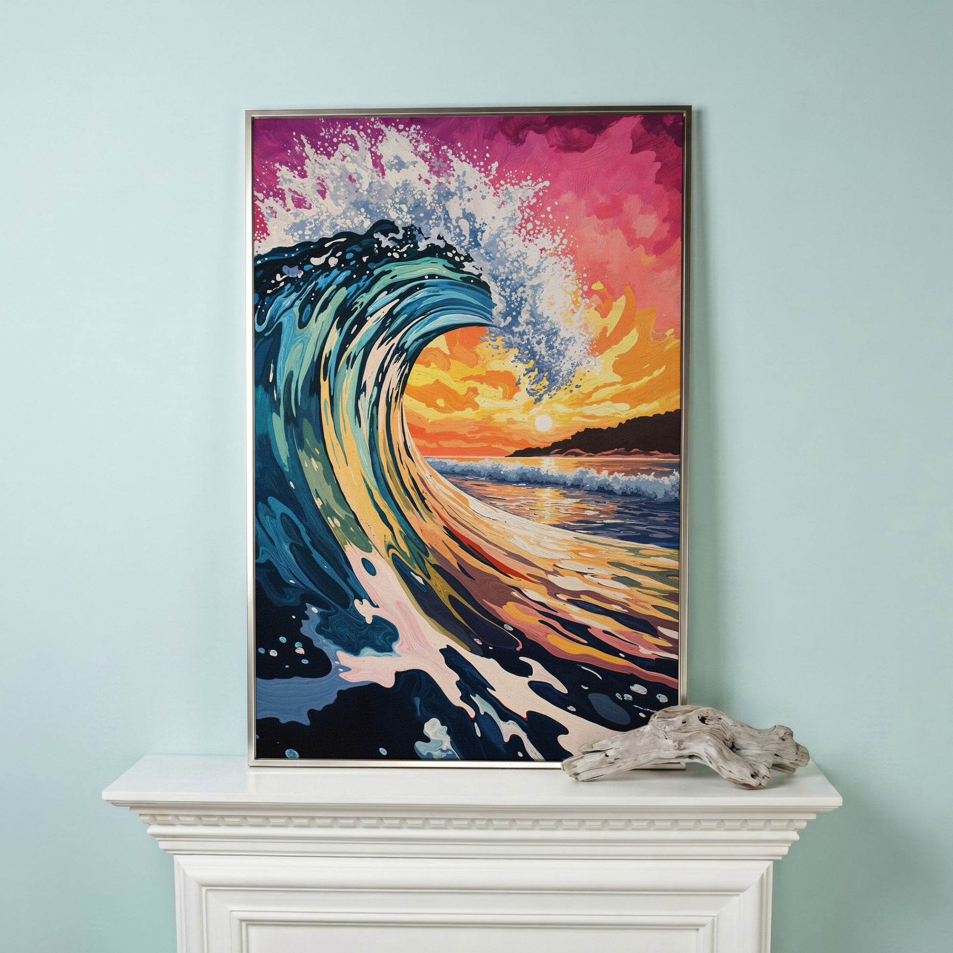 Ocean Wave at Sunset Canvas Art, Seascape Wall Print in silver floating frame