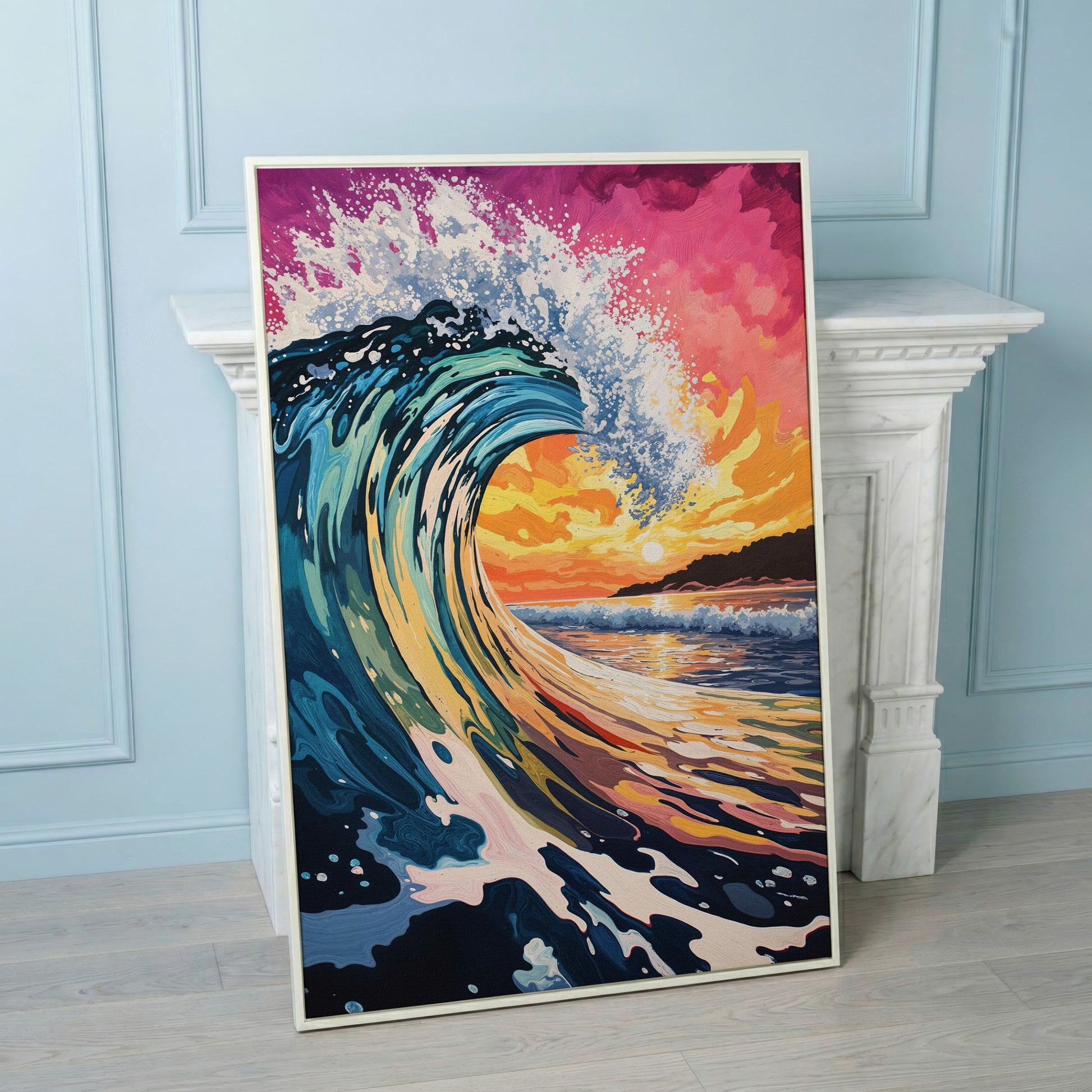 Ocean Wave at Sunset Canvas Art, Seascape Wall Print in white floating frame