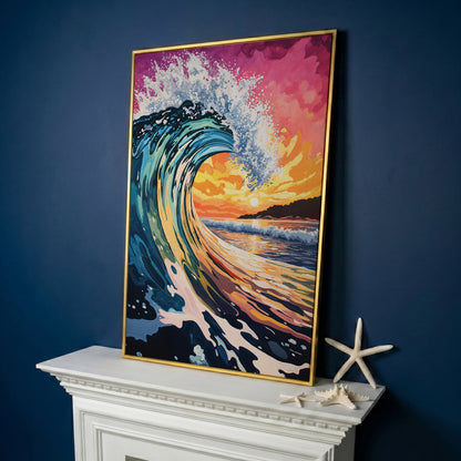Ocean Wave at Sunset Canvas Art, Seascape Wall Print in yellow gold floating frame