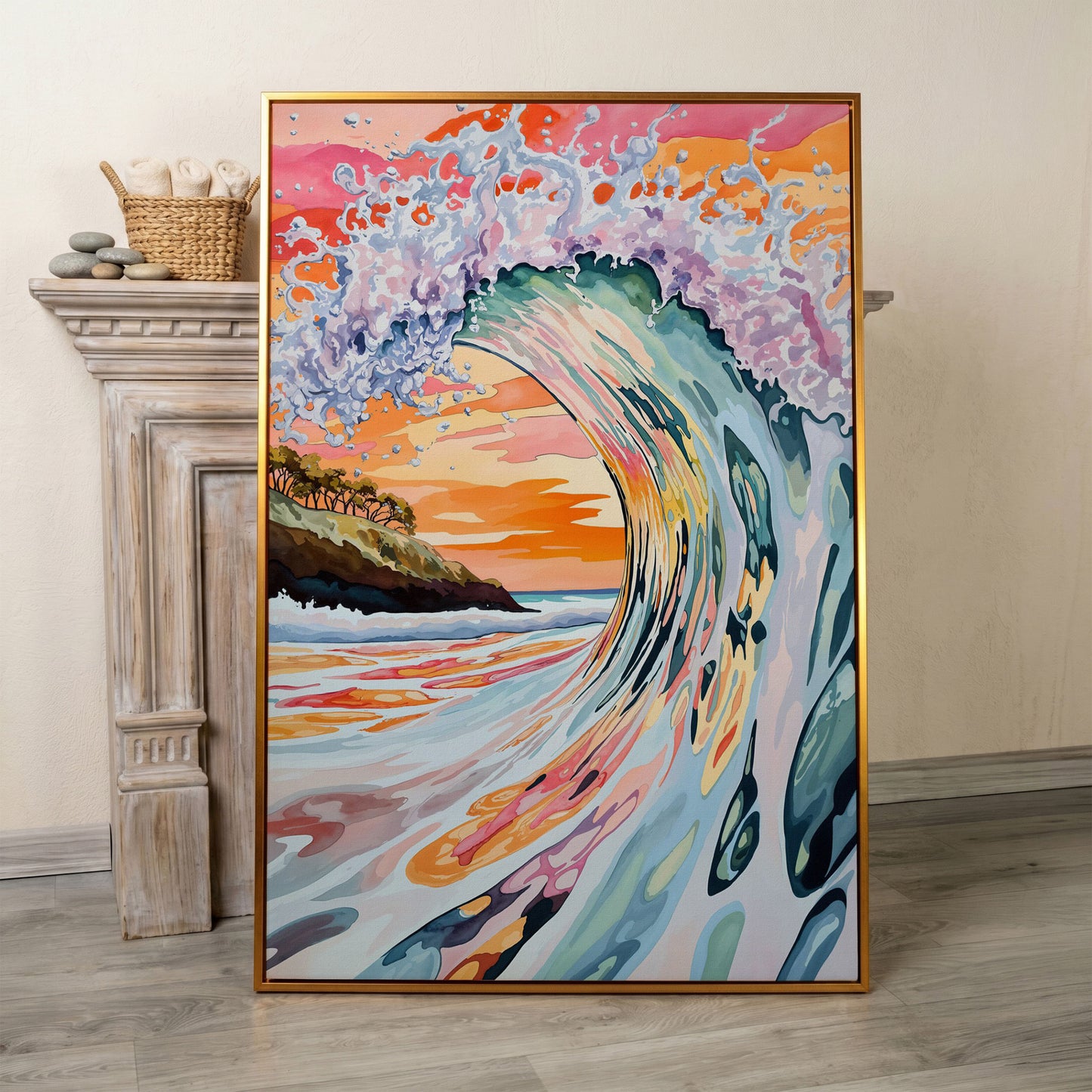 Curling Ocean Wave at Sunset. Coastal Canvas Wall Art in antique gold floating frame