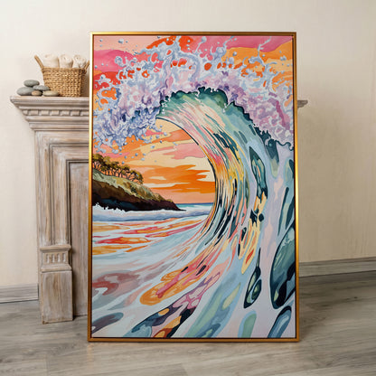 Curling Ocean Wave at Sunset. Coastal Canvas Wall Art in antique gold floating frame