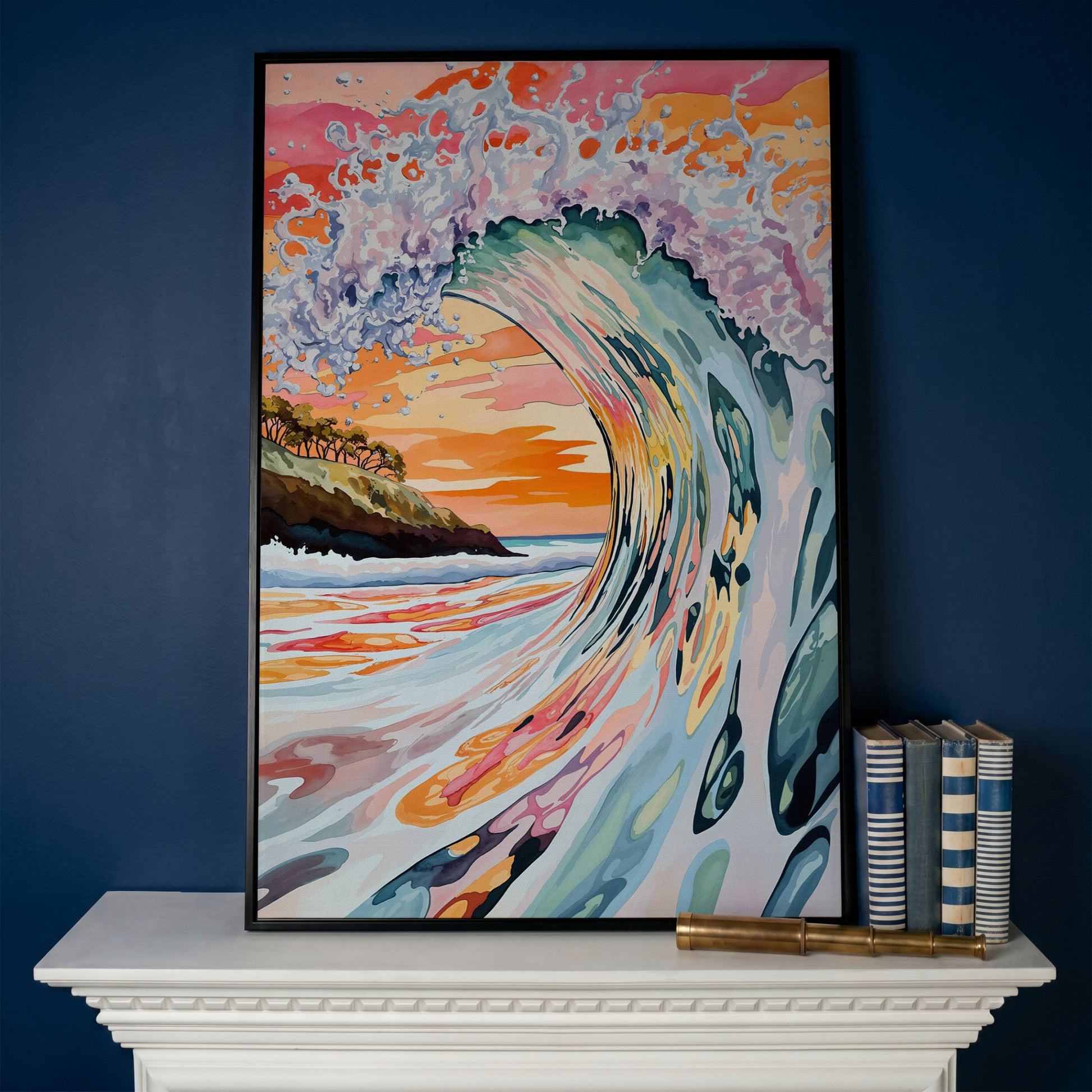 Curling Ocean Wave at Sunset. Coastal Canvas Wall Art in black floating frame