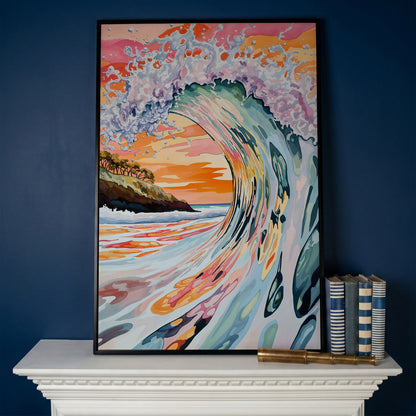 Curling Ocean Wave at Sunset. Coastal Canvas Wall Art in black floating frame