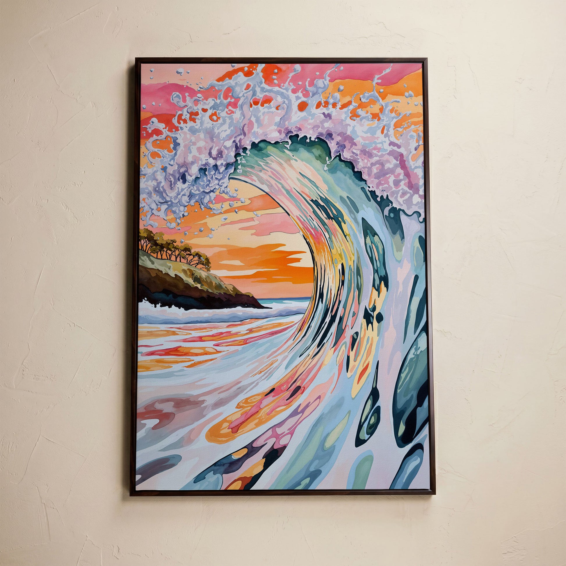 Curling Ocean Wave at Sunset. Coastal Canvas Wall Art in dark walnut floating frame
