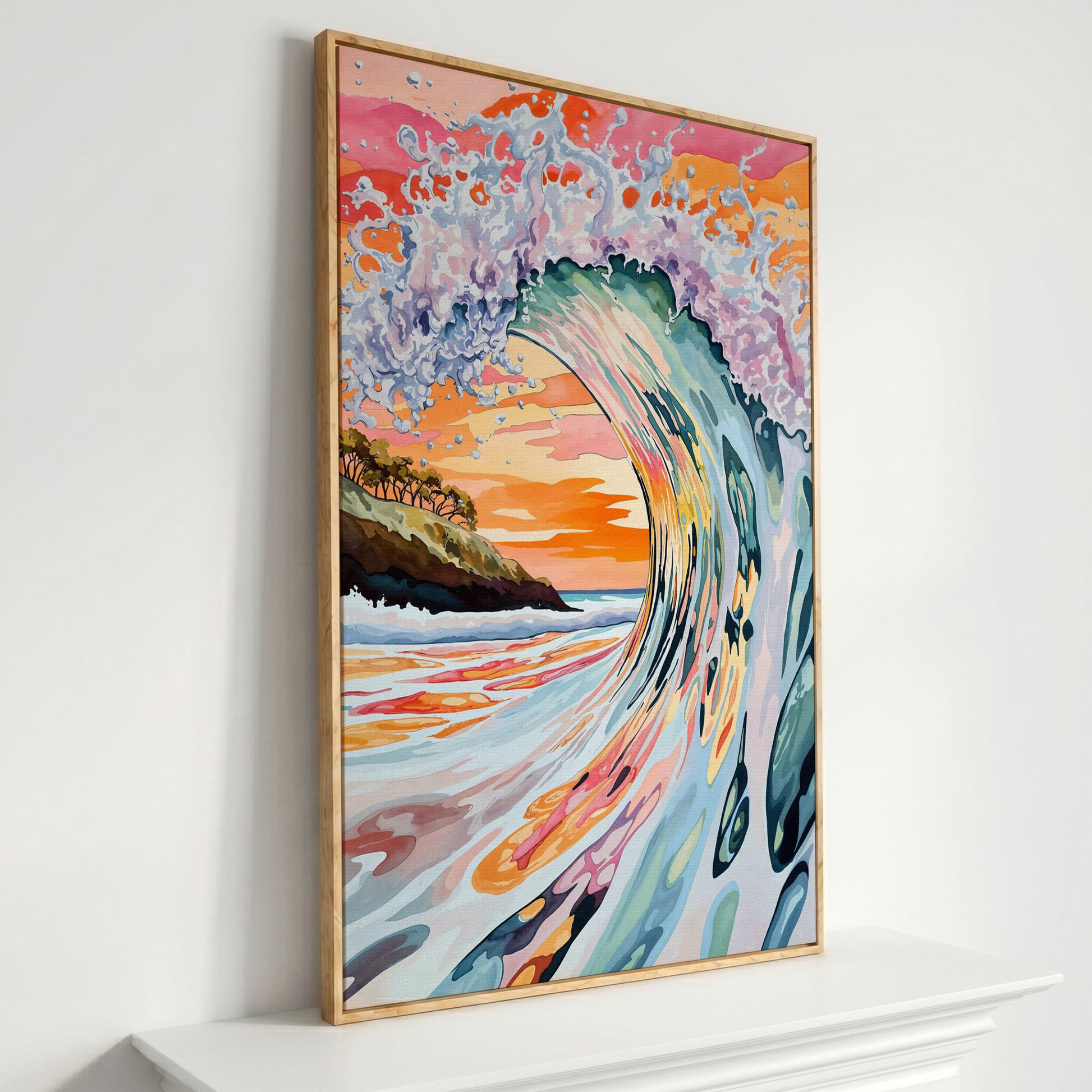 Curling Ocean Wave at Sunset. Coastal Canvas Wall Art in white oak floating frame
