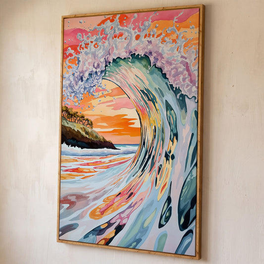 Curling Ocean Wave at Sunset. Coastal Canvas Wall Art shown in white oak floating frame