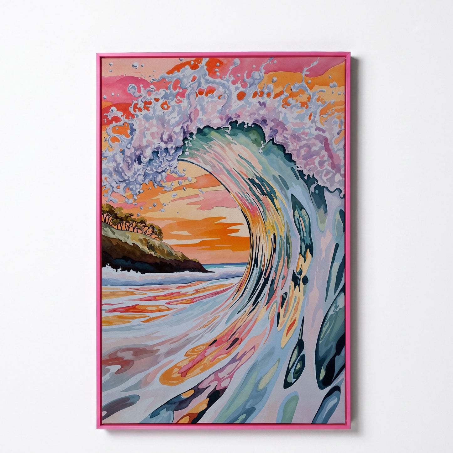 Curling Ocean Wave at Sunset. Coastal Canvas Wall Art in pink floating frame