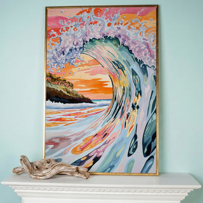 Curling Ocean Wave at Sunset. Coastal Canvas Wall Art in rose gold floating frame
