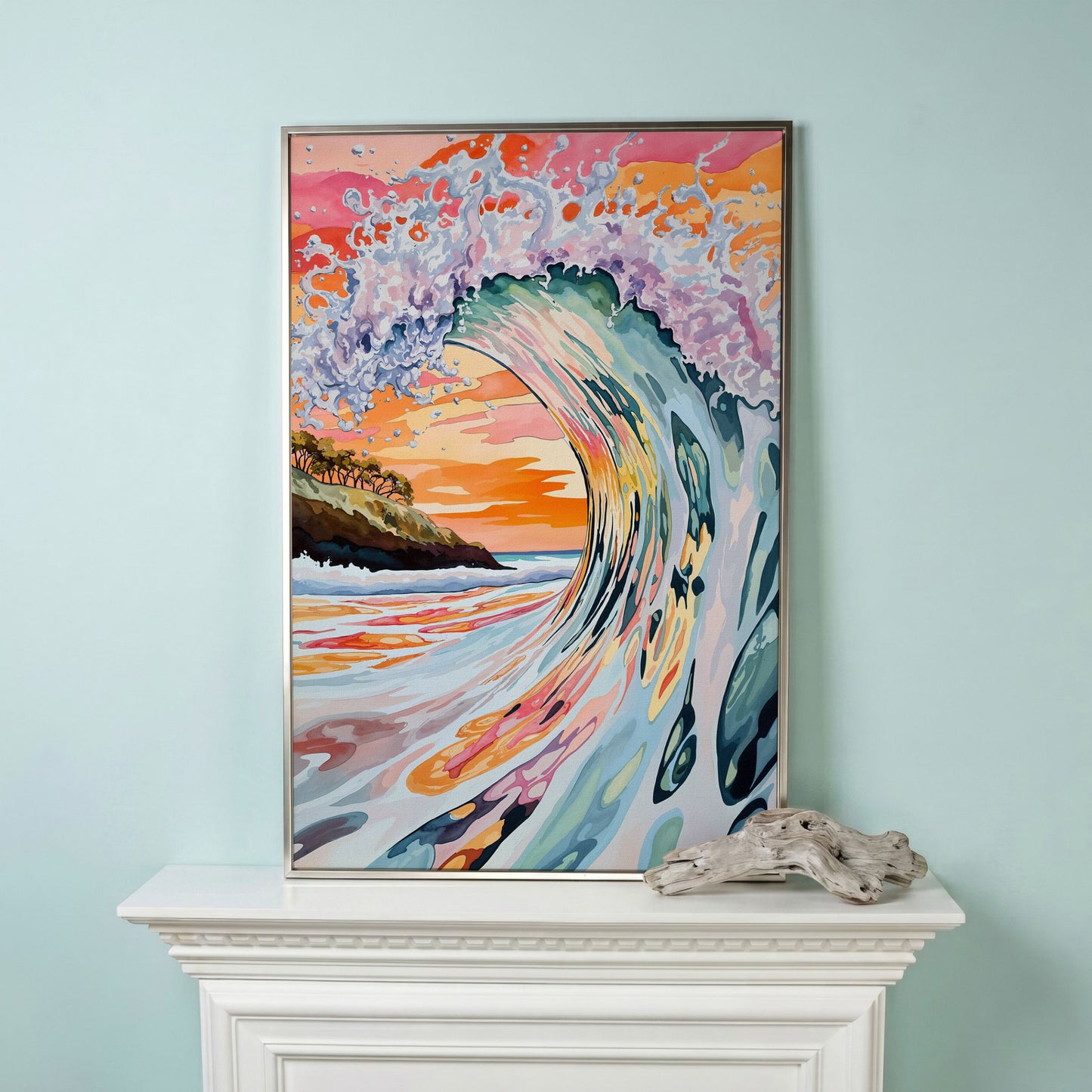 Curling Ocean Wave at Sunset. Coastal Canvas Wall Art in silver floating frame