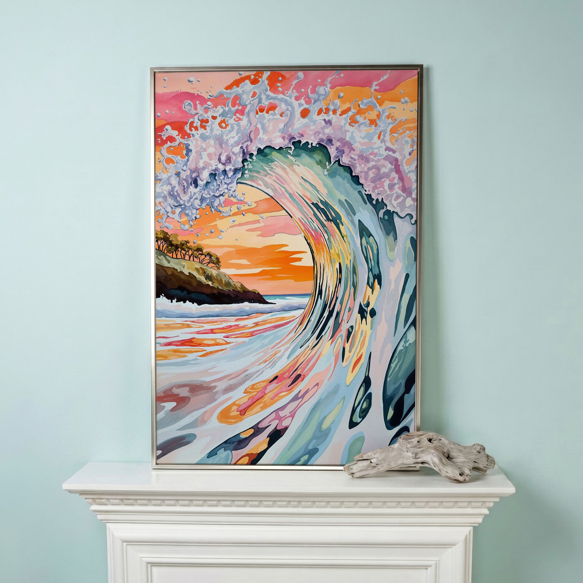 Curling Ocean Wave at Sunset. Coastal Canvas Wall Art in silver floating frame