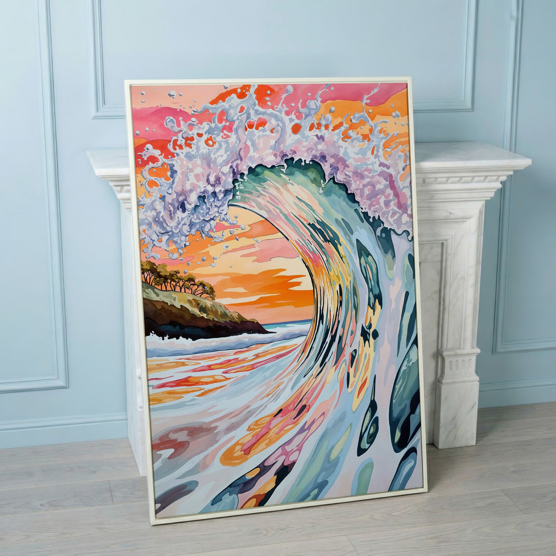 Curling Ocean Wave at Sunset. Coastal Canvas Wall Art in white floating frame