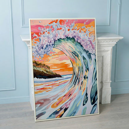 Curling Ocean Wave at Sunset. Coastal Canvas Wall Art in white floating frame