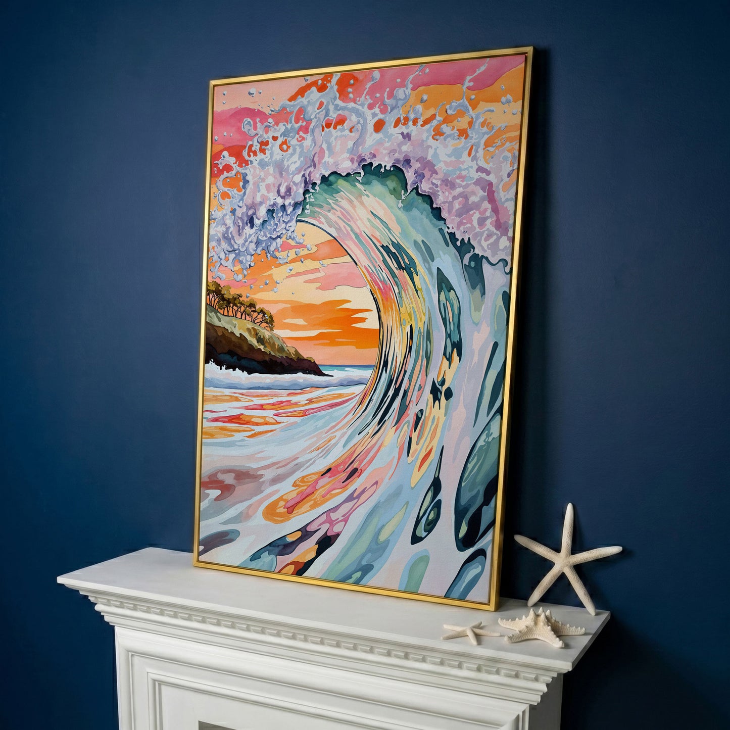 Curling Ocean Wave at Sunset. Coastal Canvas Wall Art in yellow gold floating frame