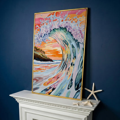 Curling Ocean Wave at Sunset. Coastal Canvas Wall Art in yellow gold floating frame