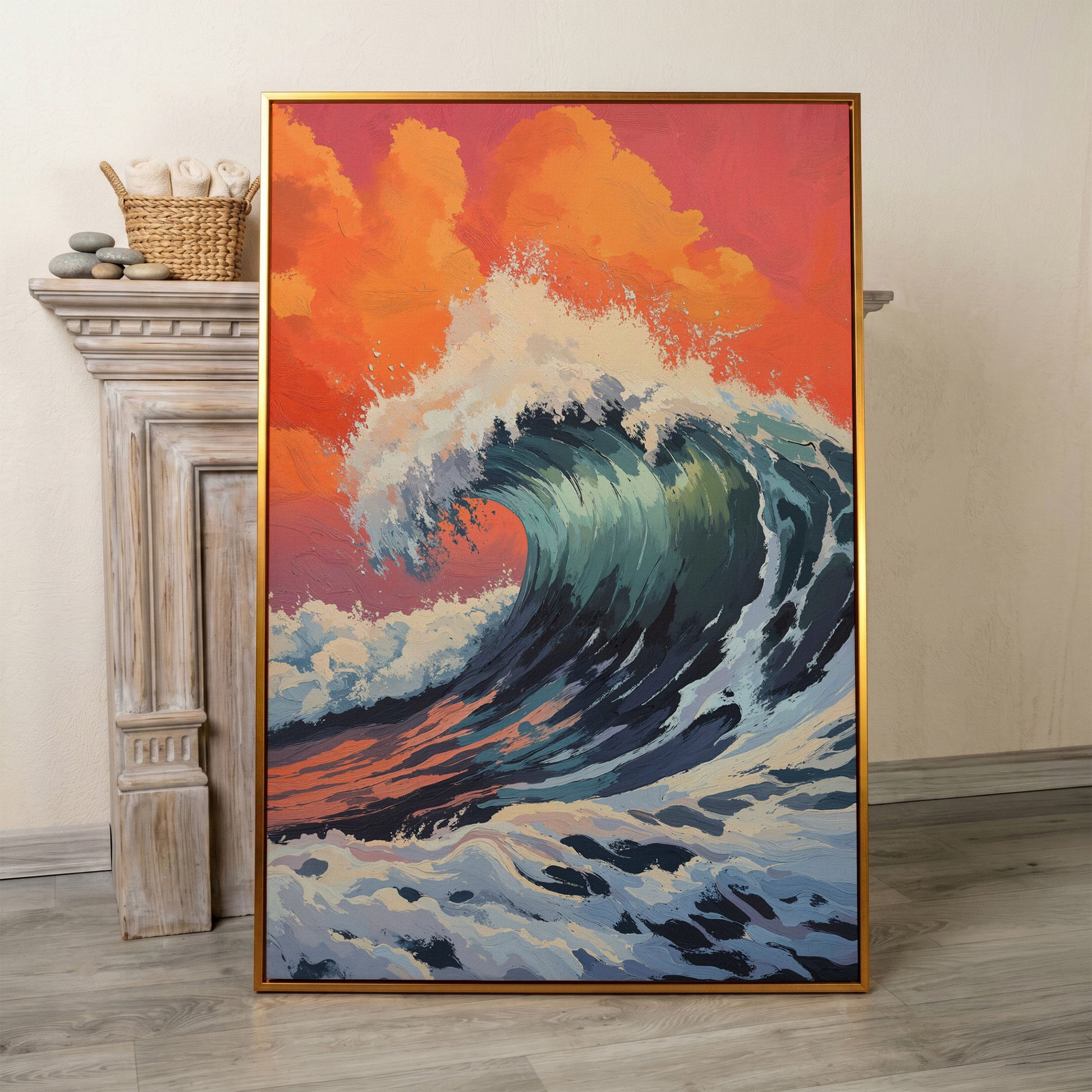 Ocean Wave Canvas Art, Deep Blue Breaking Wave, Portrait Wall Print in antique gold floating frame