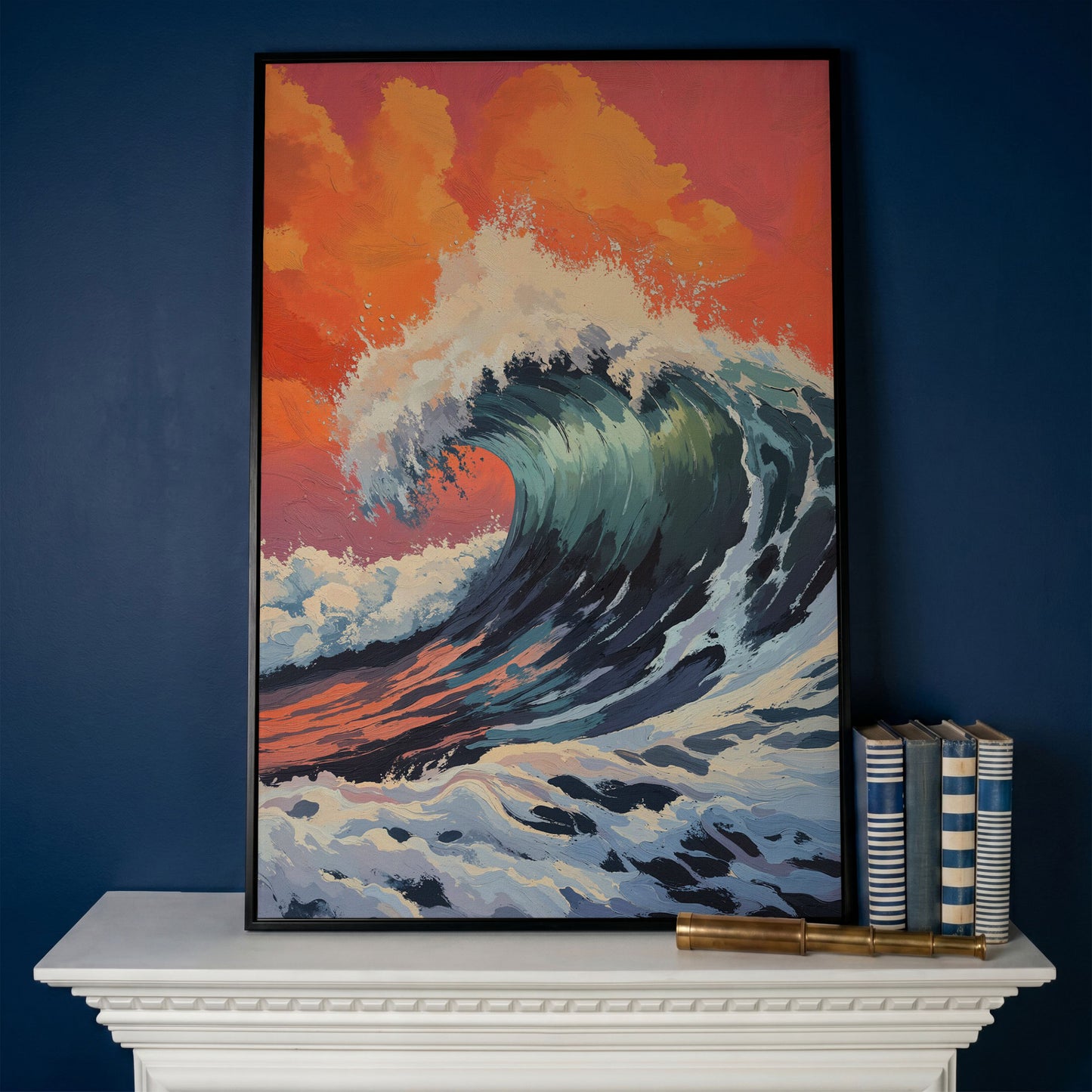 Ocean Wave Canvas Art, Deep Blue Breaking Wave, Portrait Wall Print in black floating frame
