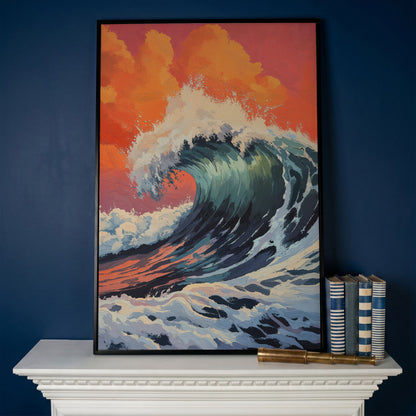 Ocean Wave Canvas Art, Deep Blue Breaking Wave, Portrait Wall Print in black floating frame