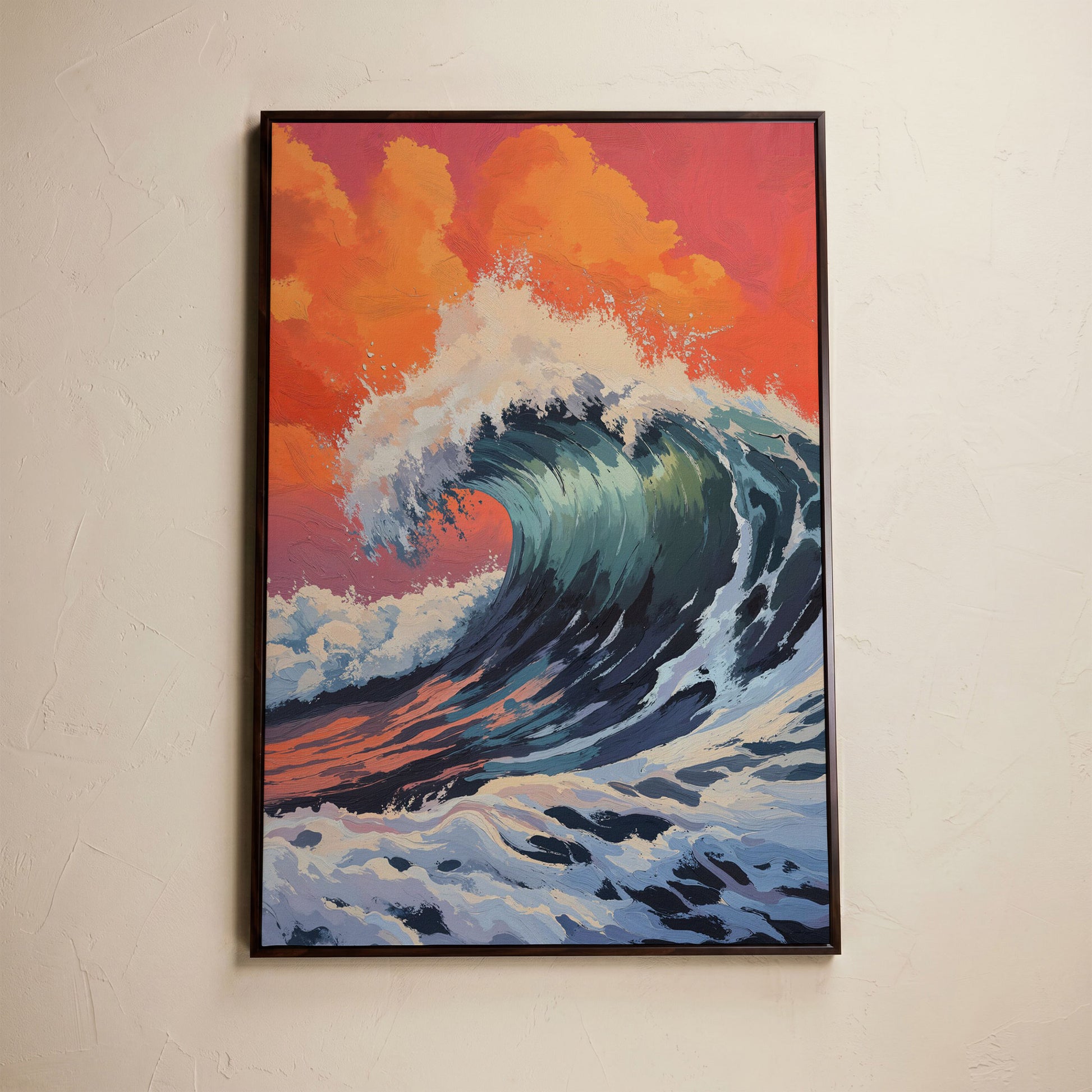 Ocean Wave Canvas Art, Deep Blue Breaking Wave, Portrait Wall Print in dark walnut floating frame