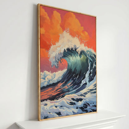 Ocean Wave Canvas Art, Deep Blue Breaking Wave, Portrait Wall Print in white oak floating frame