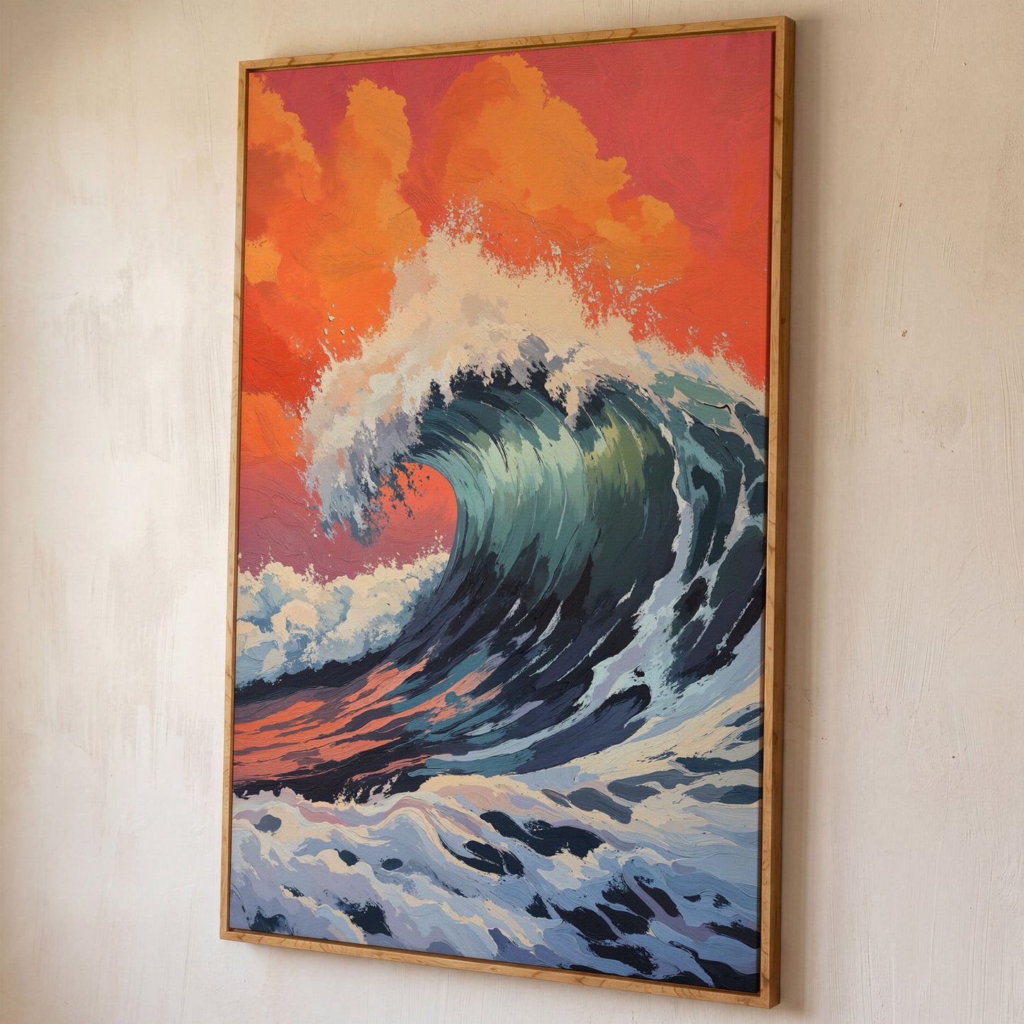 Ocean Wave Canvas Art, Deep Blue Breaking Wave, Portrait Wall Print shown in white oak floating frame
