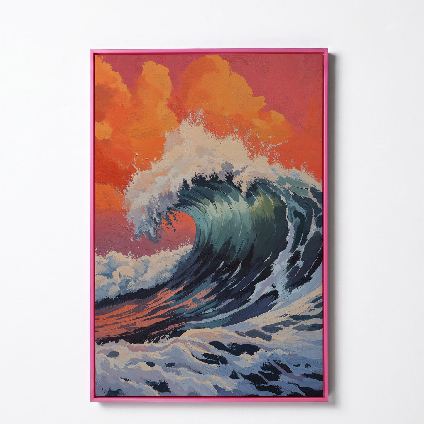 Ocean Wave Canvas Art, Deep Blue Breaking Wave, Portrait Wall Print in pink floating frame