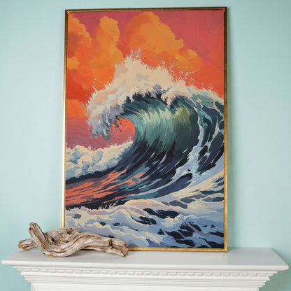 Ocean Wave Canvas Art, Deep Blue Breaking Wave, Portrait Wall Print in rose gold floating frame